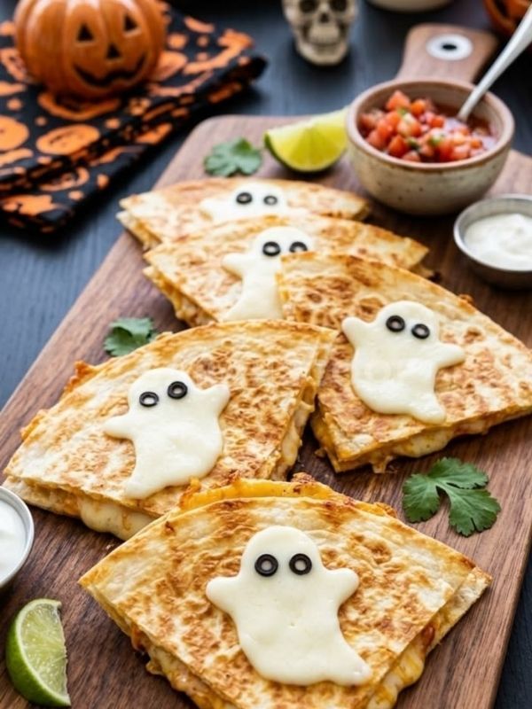 Golden quesadilla halves filled with black beans, orange pepper, and melted cheese, cut into spooky triangles.